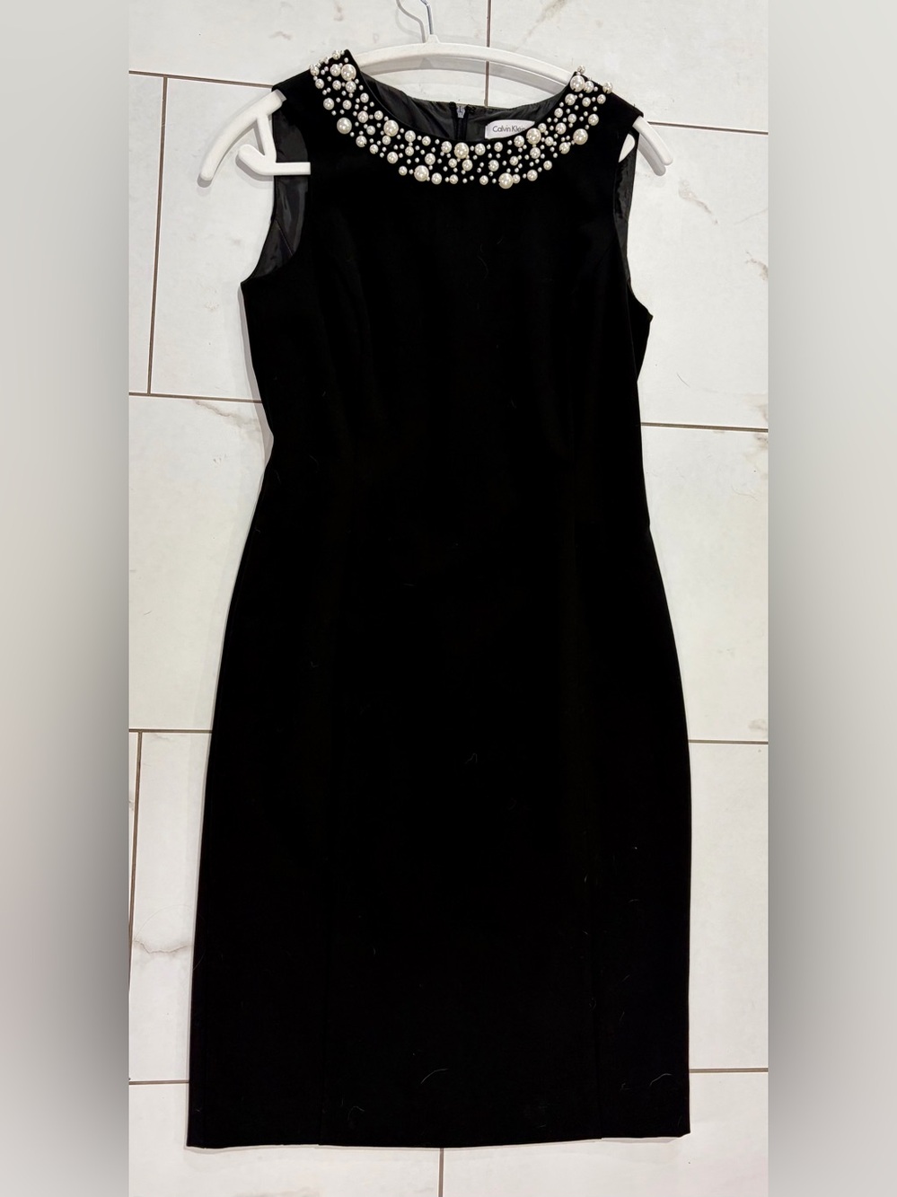 Calvin Klein Black Sleeveless Sheath Dress with Pearl-Embellished Collar 4